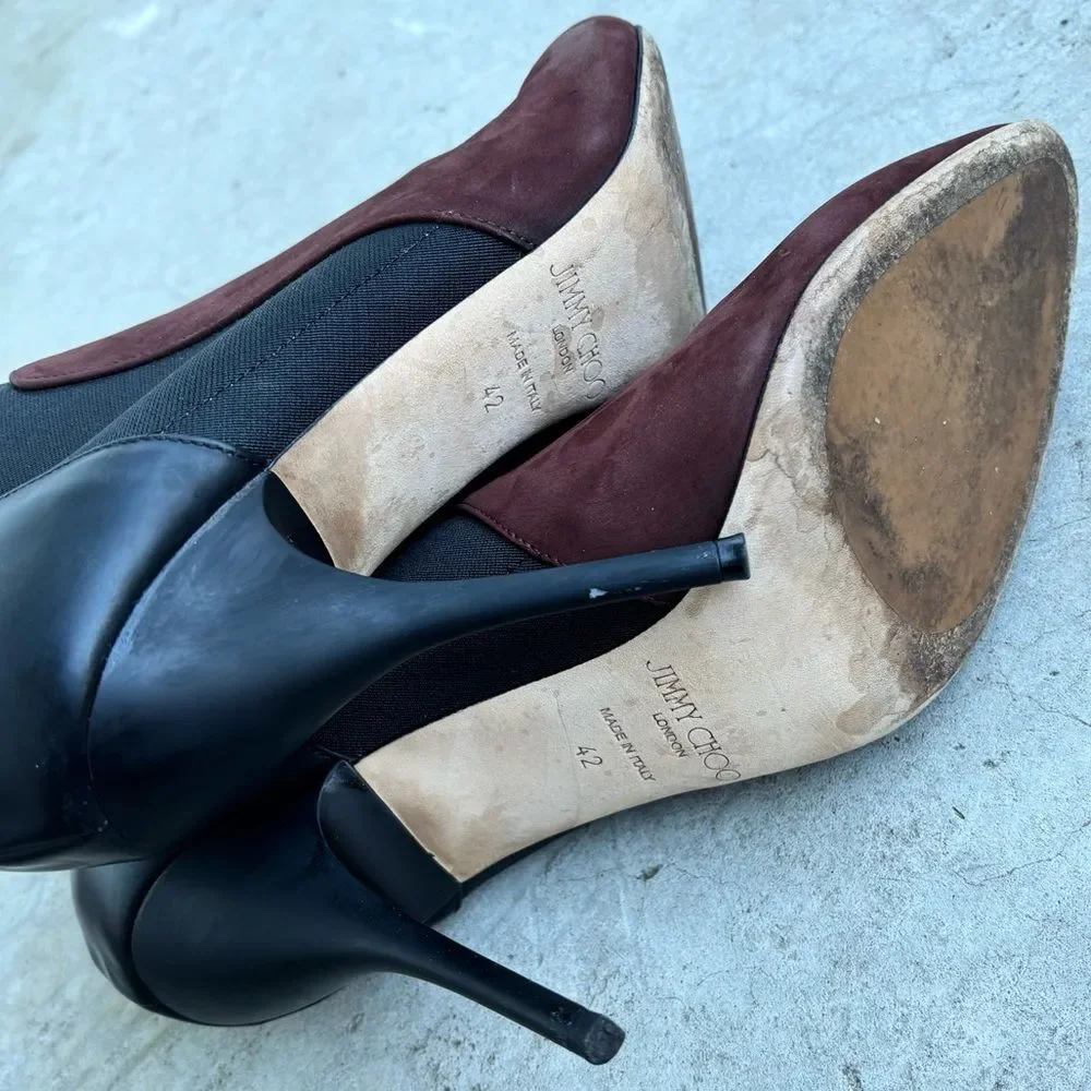 Jimmy Choo Delve Booties Heels Black Burgundy Maroon Suede Heeled Boots 42